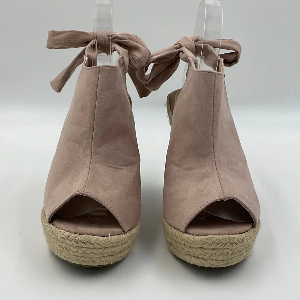 Refresh EUC Miya Pink Suede Espadrille Wedges Ribbon Tie Back Open Toe Size 8.5